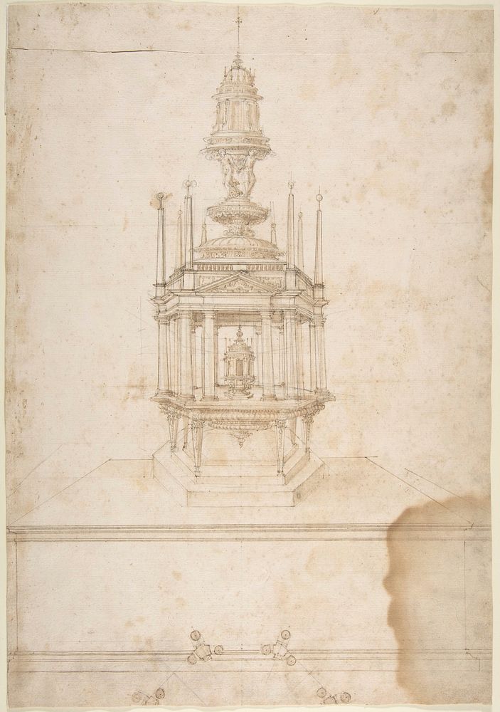 Design for an Polygonal Tabernacle, with Obelisks and a Pediment Surmounted by Three Figures Supporting a Tempietto-like…