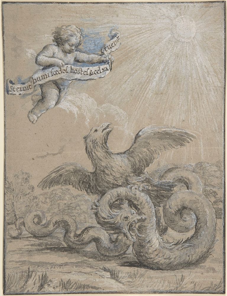 Design with an Eagle Fighting with a Serpent and a Putto in the Sky Holding an Inscribed Banner.