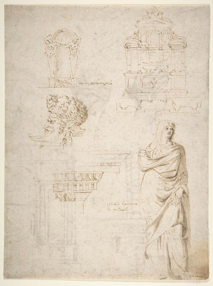 Sketches of a Funeral Monument, a Niche with Statues, a Helmet in the Shape of a Human Head, an Entablature and a Female…