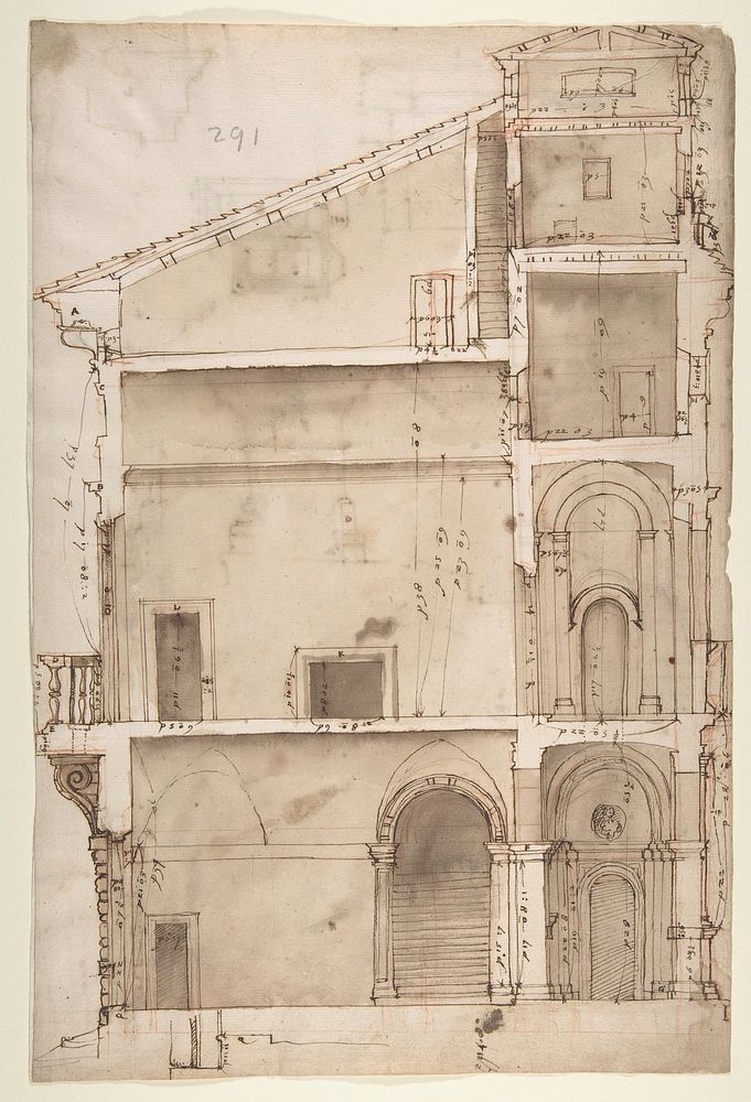 Palazzo Salviati in Rome, section (recto) Palazzo Salviati in Rome, details (verso), drawn by Anonymous, French, 16th century