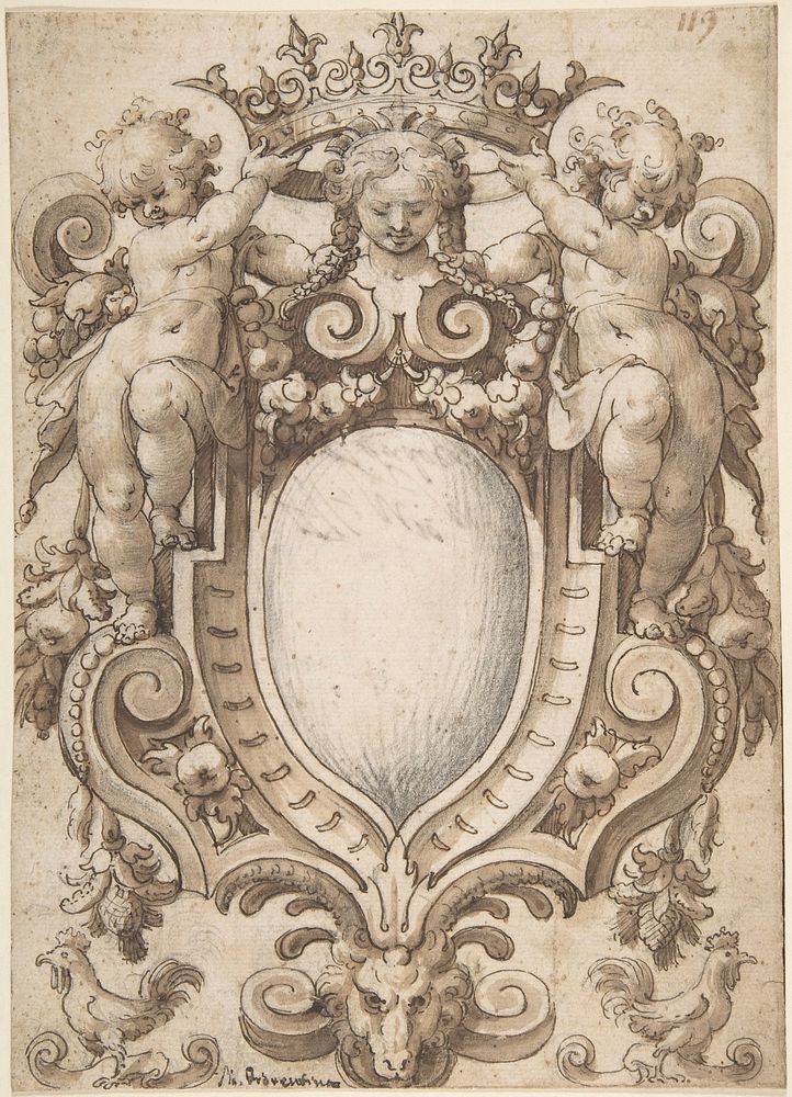 Coat of Arms (blank) with Two Putti Holding a Crown by Anonymous, German, 17th century