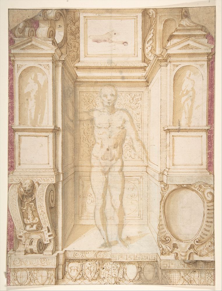 Study of a Figure in a Niche (Saint Ambrose; recto); Architectural Studies: Four Alternative Designs for Fictive Niches and…