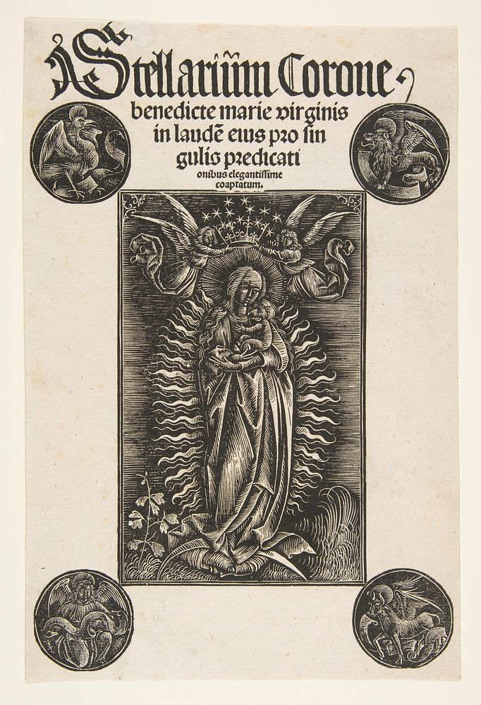 Virgin on a Crescent, Title-page from Pelbartus de Temesvar:  Stellarium corone (Schr. 2869)