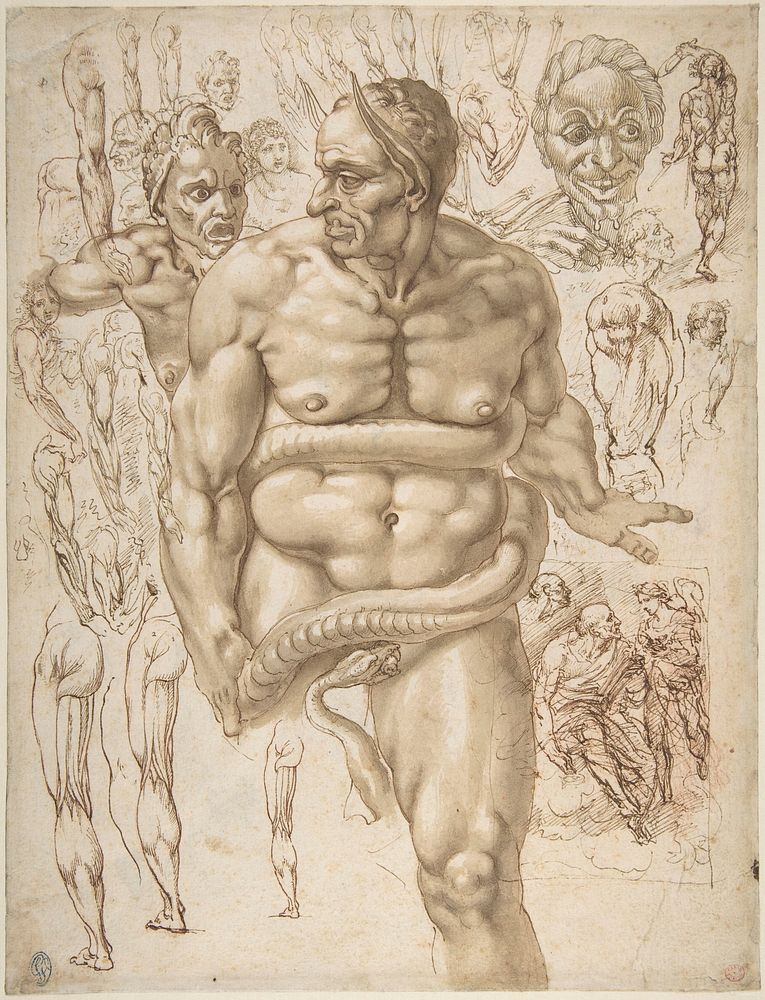 Nude Demon Encircled by a Serpent, after Michelangelo's Last Judgment; and Other Figure Studies (recto); Figure Studies…