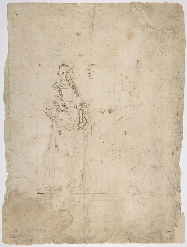 Standing Figure of Saint Stephen and the Head of Another Figure Within the Framing Outlines of a Rectangle, Crude Sketch of…