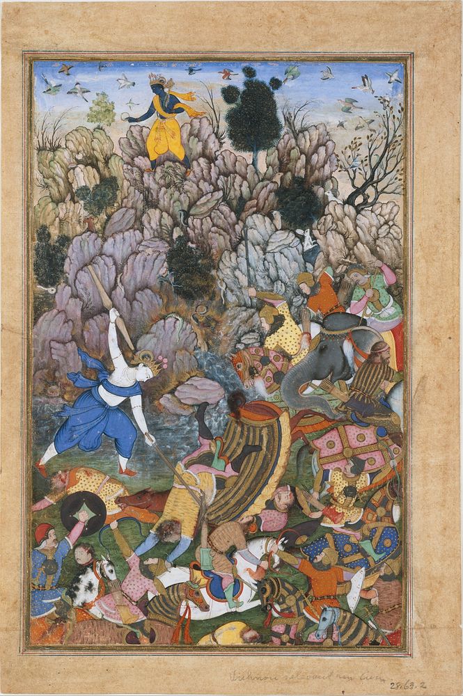 "Balarama and Krishna Fighting the Enemy", Folio from a Harivamsa (The Legend of Hari (Krishna)), ca. 1590&ndash;95