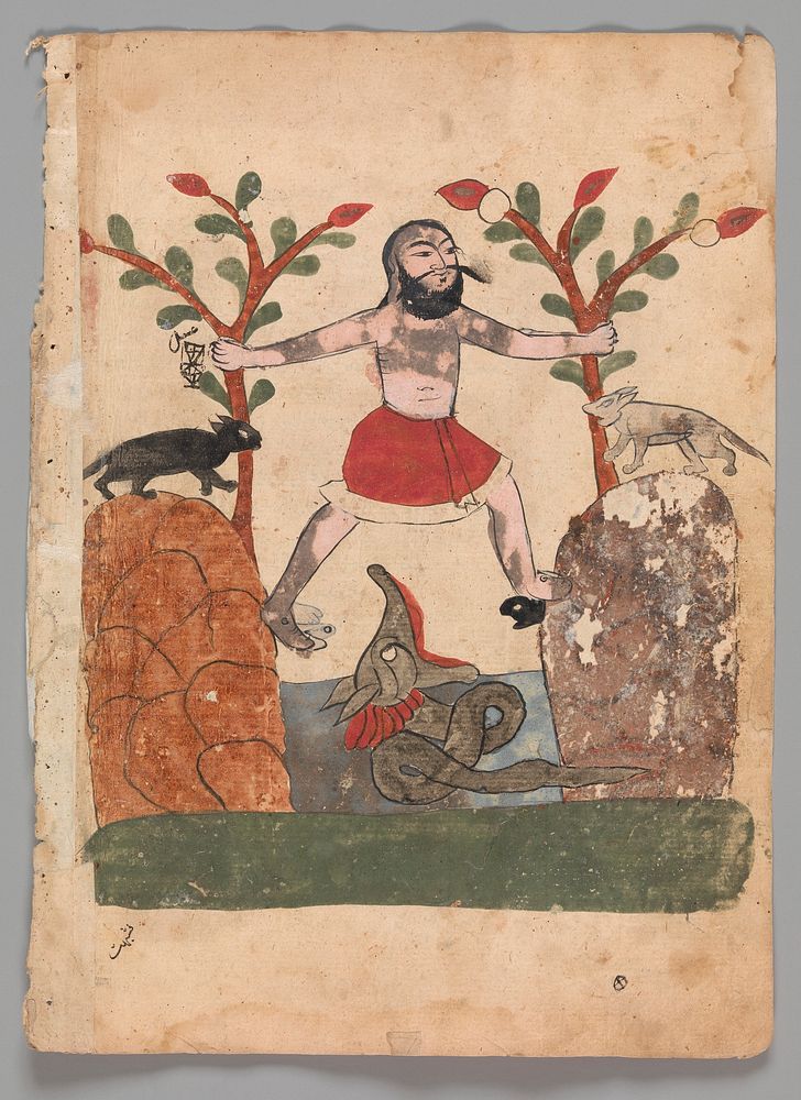 "Man's Fate or the Man Taking Refuge in a Well Inhabited by a Dragon", Folio from a Kalila wa Dimna, second quarter 16th…