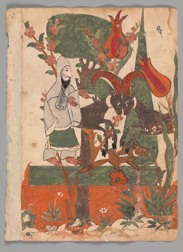 "The Fox and the Battling Rams Observed by the Ascetic", Folio from a Kalila wa Dimna, second quarter 16th century