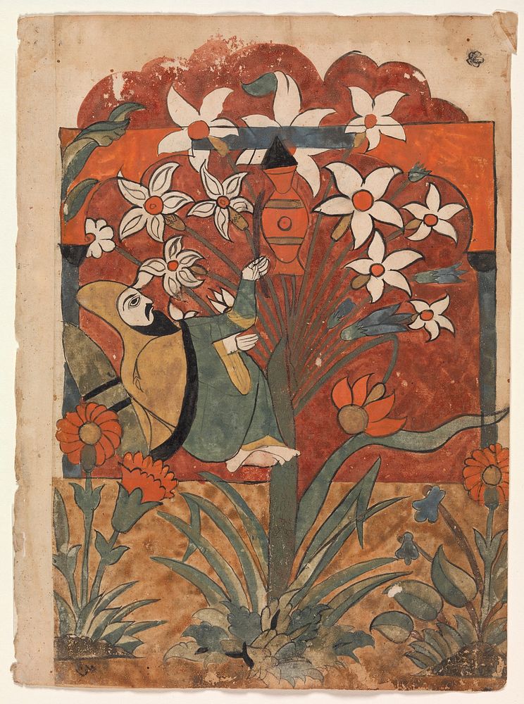 "The Ascetic Strikes a Jar of Honey and Oil with his Staff While Daydreaming", Folio from a Kalila wa Dimna, second quarter…