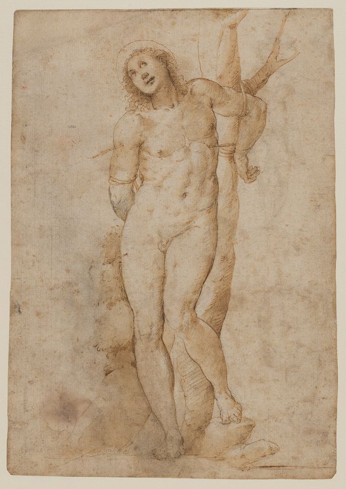 Saint Sebastian (recto); sketches of a male head and a standing figure in a short cape; a copy of the figure on the recto…