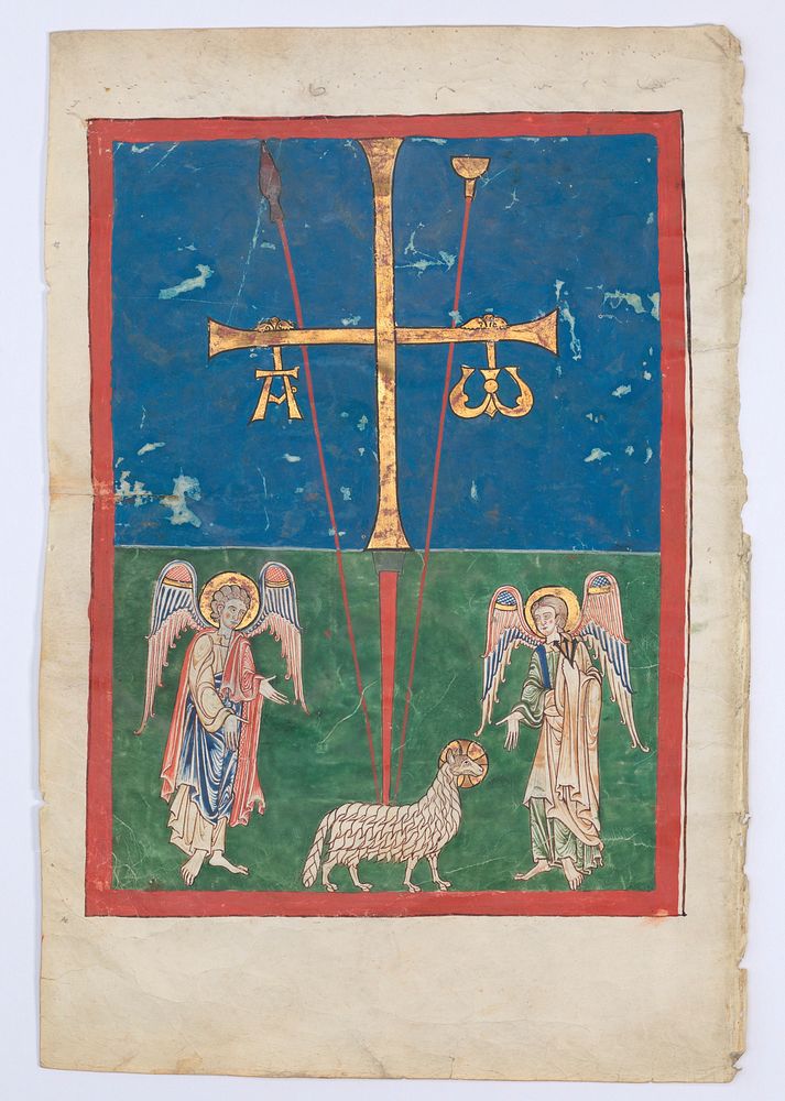 Leaf from a Beatus Manuscript: the Lamb at the Foot of the Cross, Flanked by Two Angels; The Calling of Saint John with the…