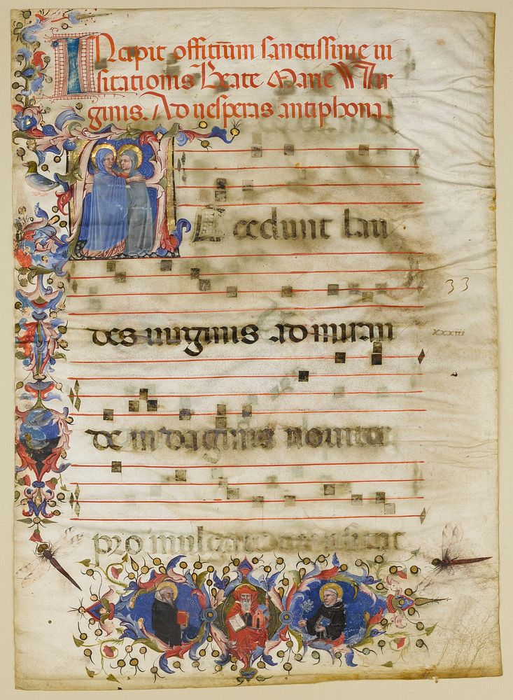 Manuscript Leaf with the Visitation in an Initial A and Cardinal Adam Easton with a Dominican Saint and Saint Dominic, from…