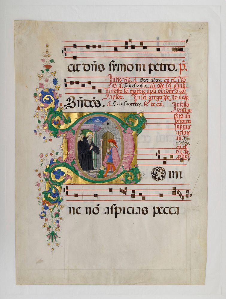 Manuscript Leaf with Saint Benedict Resuscitating a Boy in an Initial D, from an Antiphonary, Master of the Riccardiana…