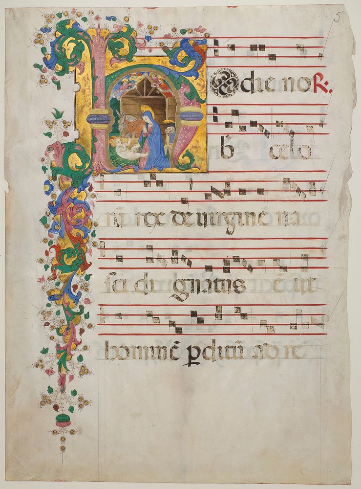 Manuscript Leaf with the Nativity in an Initial H, from an Antiphonary, Master of the Riccardiana Lactantius
