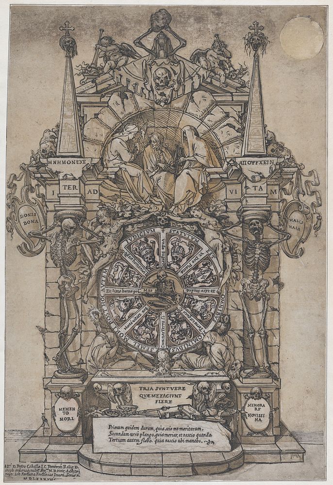 Triumph of Death with three fates in an architectural frame above a wheel of fortune flanked by skeletons; a skull and an…