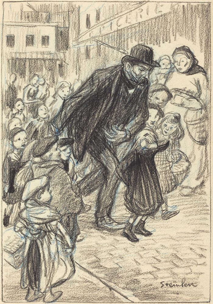 A Man on a City Street, Surrounded by Children (Un Père) drawing in high resolution by Théophile Alexandre Steinlen (1859…