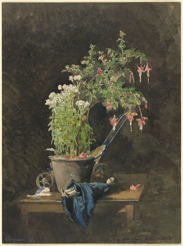 A Potted Fuchsia with Children's Toys (1877) by Henri&ndash;Joseph Harpignies.  
