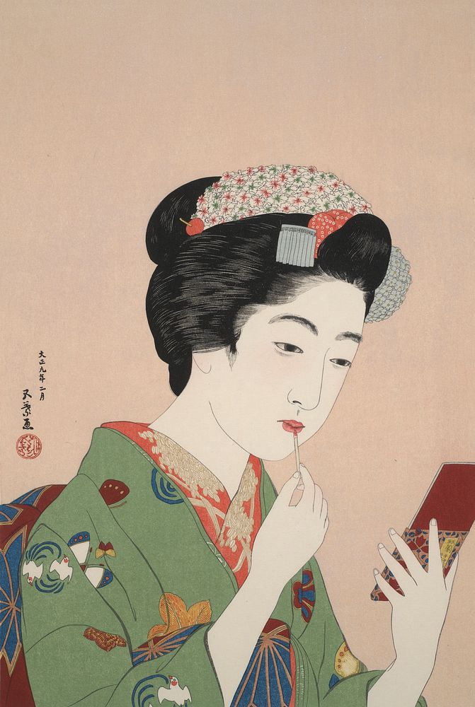 Woman Applying Rouge (1920) print in high resolution by Goyō Hashiguchi. Original from the Yale University Art Gallery. 