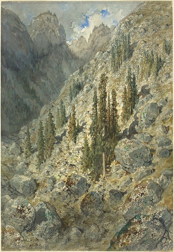 An Alpine Valley with Trees and Boulders (1876) by Gustave Doré.  