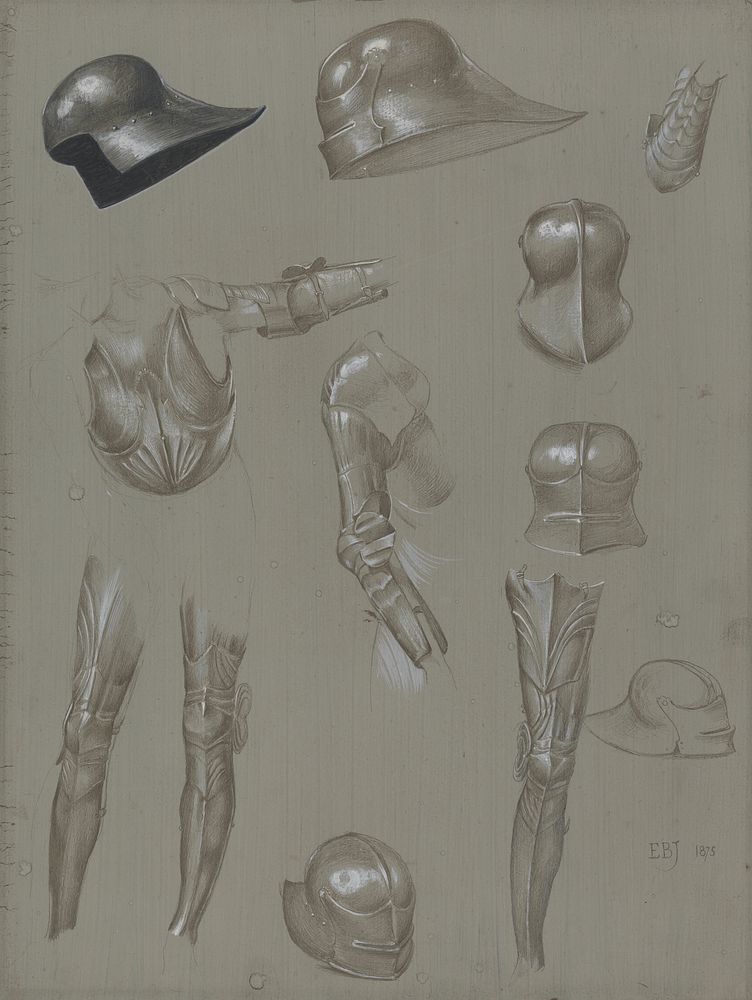 Studies of a Suit of Armor (1875) drawing in high resolution by Sir Edward Burne&ndash;Jones.  