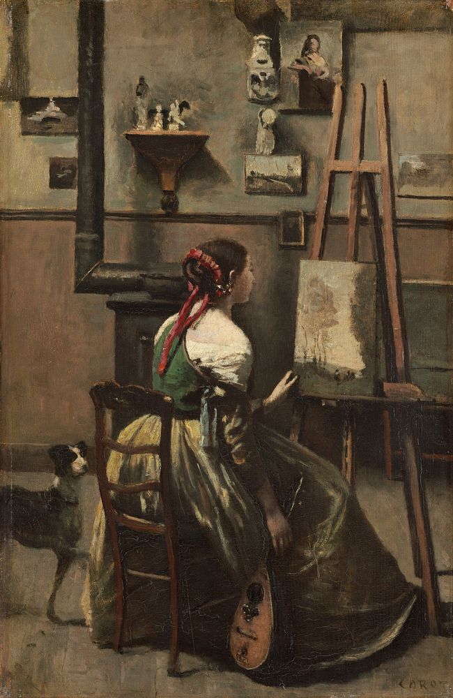 Corot's Studio: Woman Seated Before an Easel, a Mandolin in her Hand (ca. 1868) by Jean Baptiste Camille Corot.  