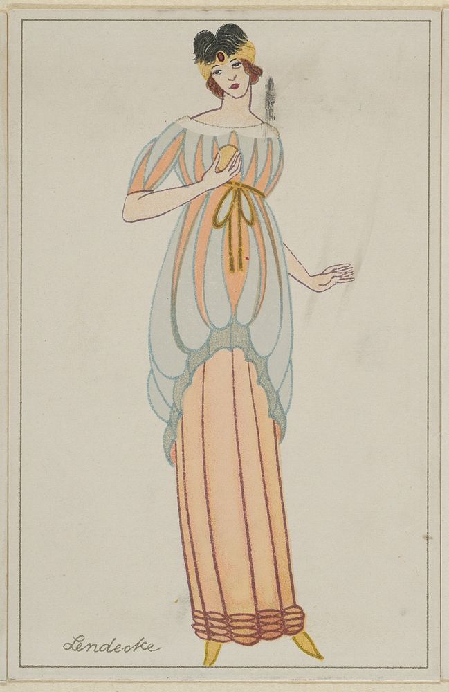 WOman in an anklelength tubular dress (1912) fashion print in high resolution by Otto Friedrich Carl Lendecke.  