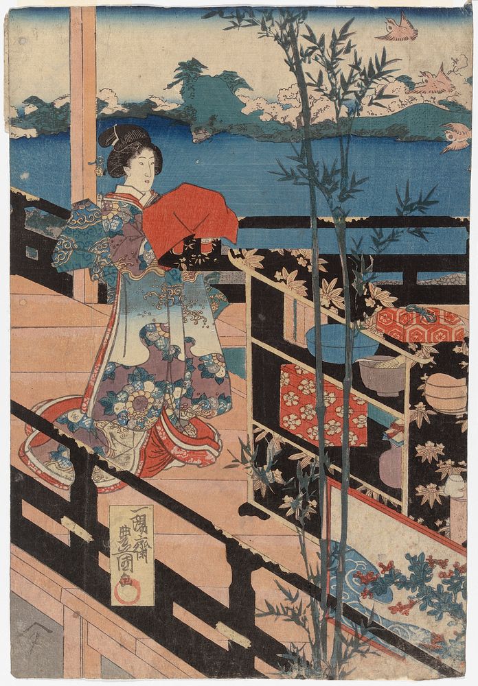 Palvelustyttö genjin tarinaa käsittelevässä näytelmässä (?), 1848 - 1850 by Utagawa Kunisada