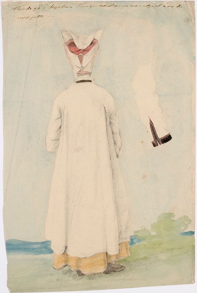 Kansallispukuinen selin seisova nainen by Robert Wilhelm Ekman