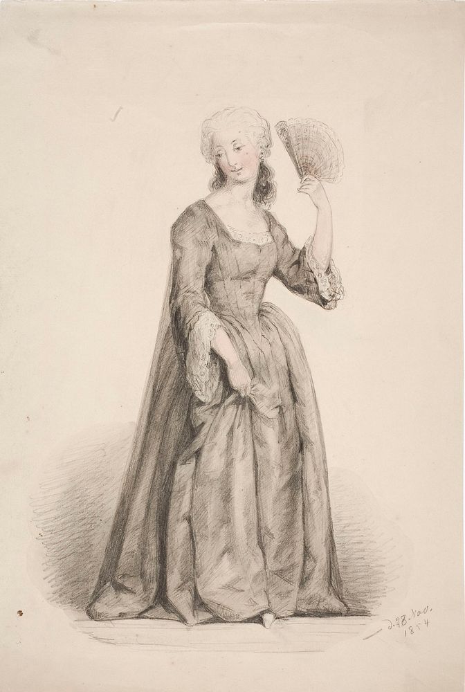Seisova nainen mustassa puvussa, hiukset puuteroituna ja auringonvarjo kädessä, 1854 by Anders Ekman
