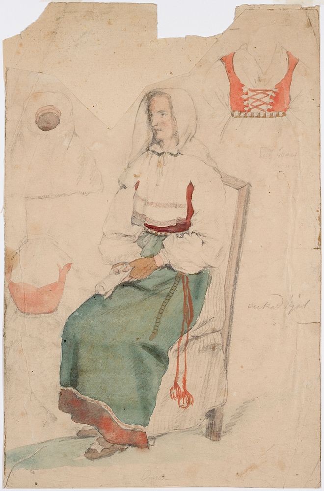 Kädet sylissä istuva nainen. sivuilla harjoitelmat kolmesta vaatekappaleesta., 1840 - 1873 by Robert Wilhelm Ekman