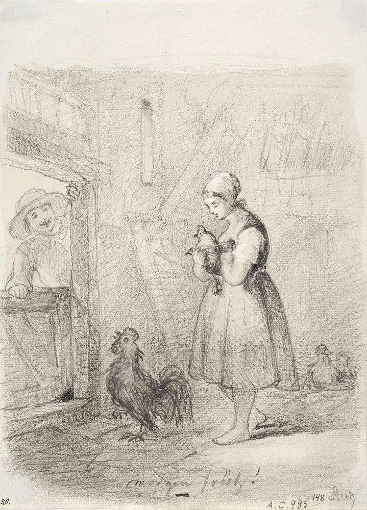 Talonpoikaistyttö kanalassa. vasemmalla katselee puoliavoimesta ovesta mies sisään., 1853 - 1855 by Anders Ekman