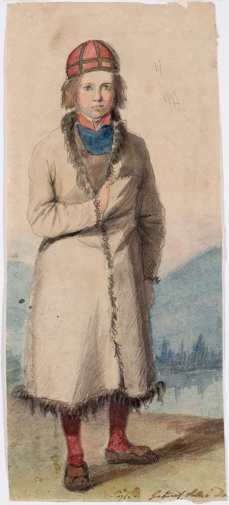 Seisova poika taalalaisturkissa, taustalla maisema, 1840 - 1873 by Robert Wilhelm Ekman