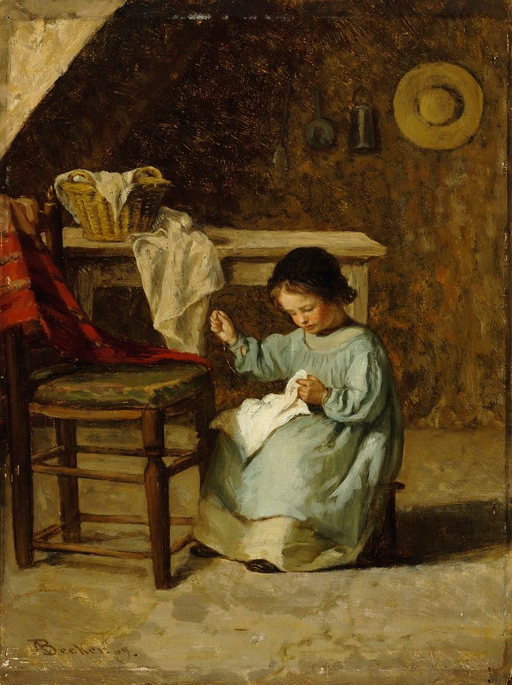 Girl sewing, 1869