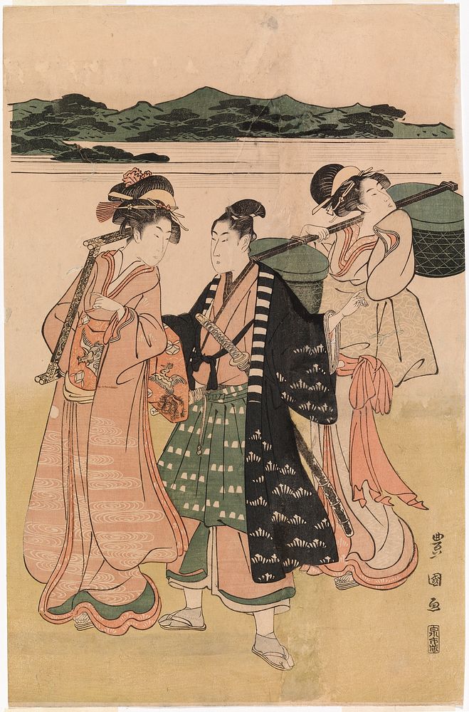 Samurai ja kaksi naista matkalla. fuzoku-ga, 1800 - 1825