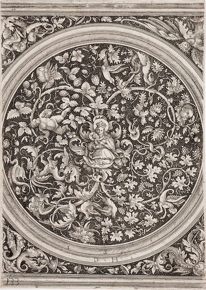 Virgin and child surrounded by vegetal ornament