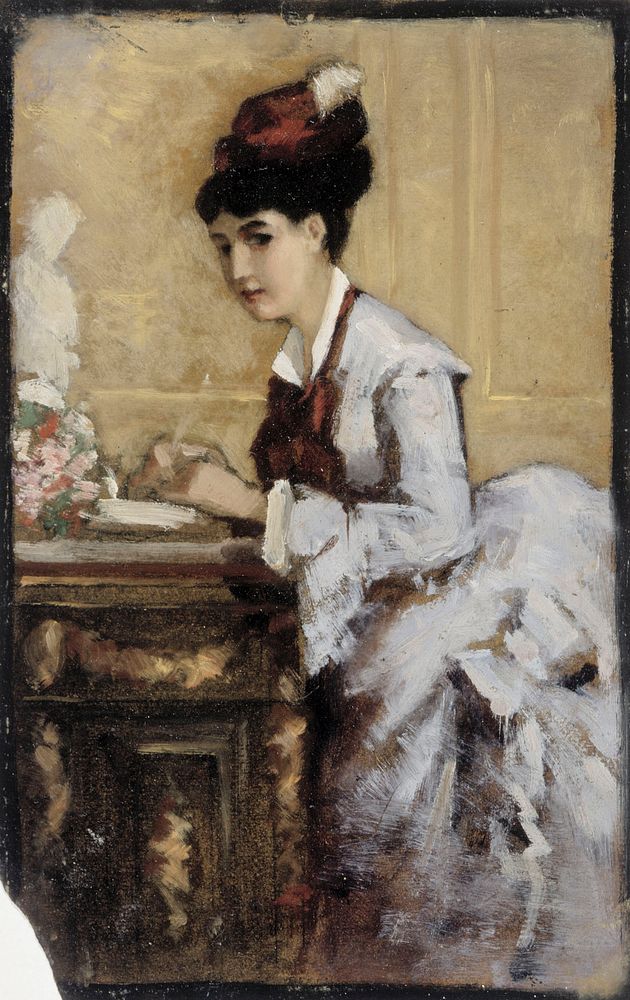 Kirjoittava nainen, sommitteluharjoitelma i maalaukseen rokokoonainen, 1874 by Albert Edelfelt
