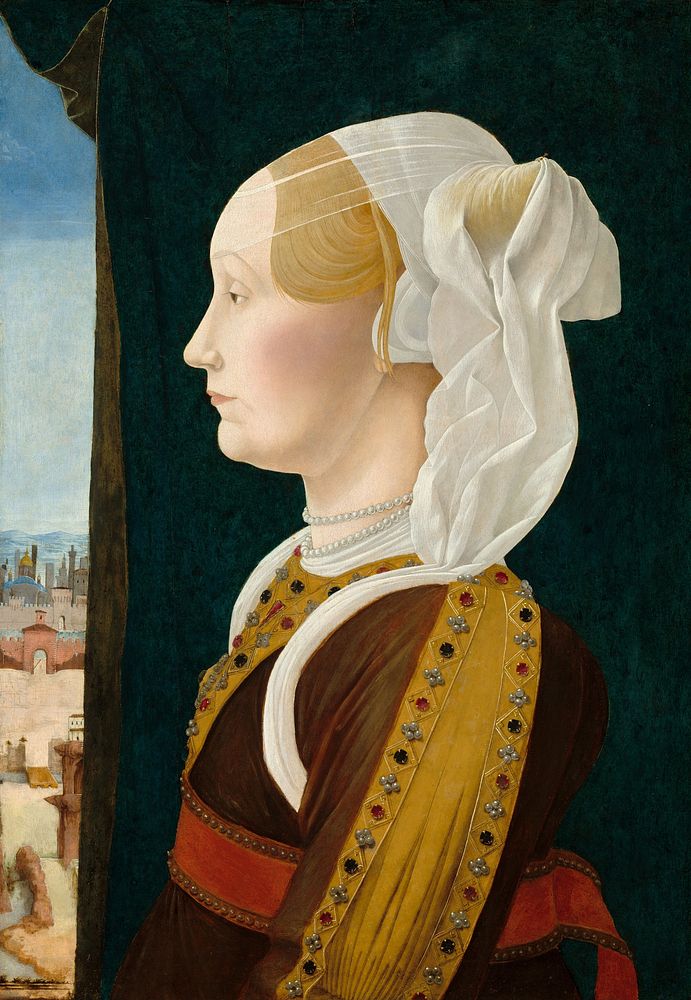 Ginevra Bentivoglio (ca. 1474&ndash;1477) by Ercole de' Roberti.  