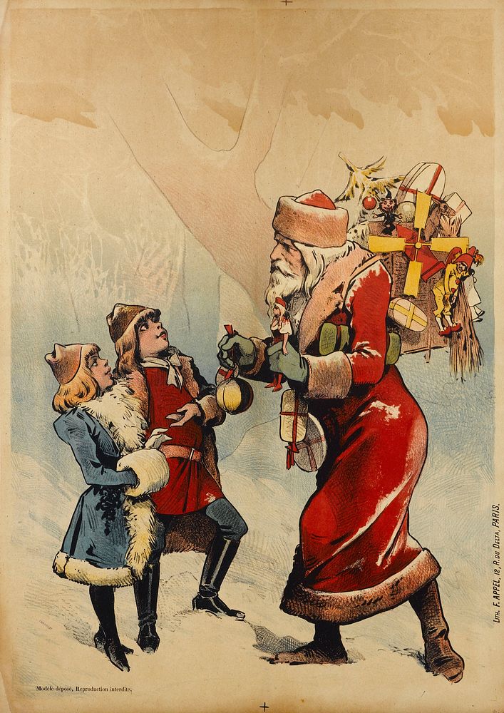 Imprimerie A. Appel. "Le Père Noël et deux enfants". Affiche. Lithographie couleur. Paris, musée Carnavalet. 