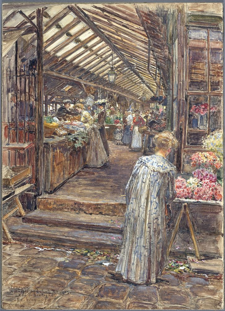 Frédéric-Anatole Houbron (1851-1908). "Le marché des Enfants rouges, rue de Bretagne". Peinture sur enduit frais sur carton…