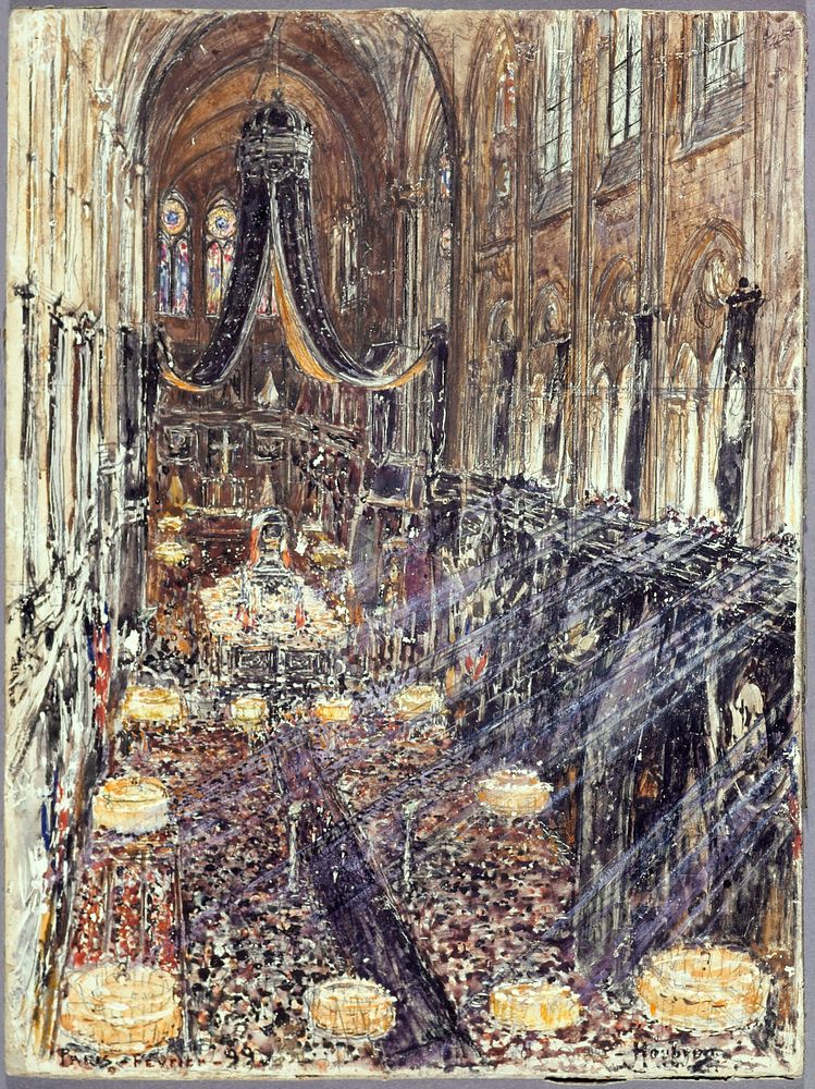 Frédéric-Anatole Houbron (1851-1908). "Les funérailles du président Félix Faure à Notre-Dame, le 1er février 1899". Peinture…