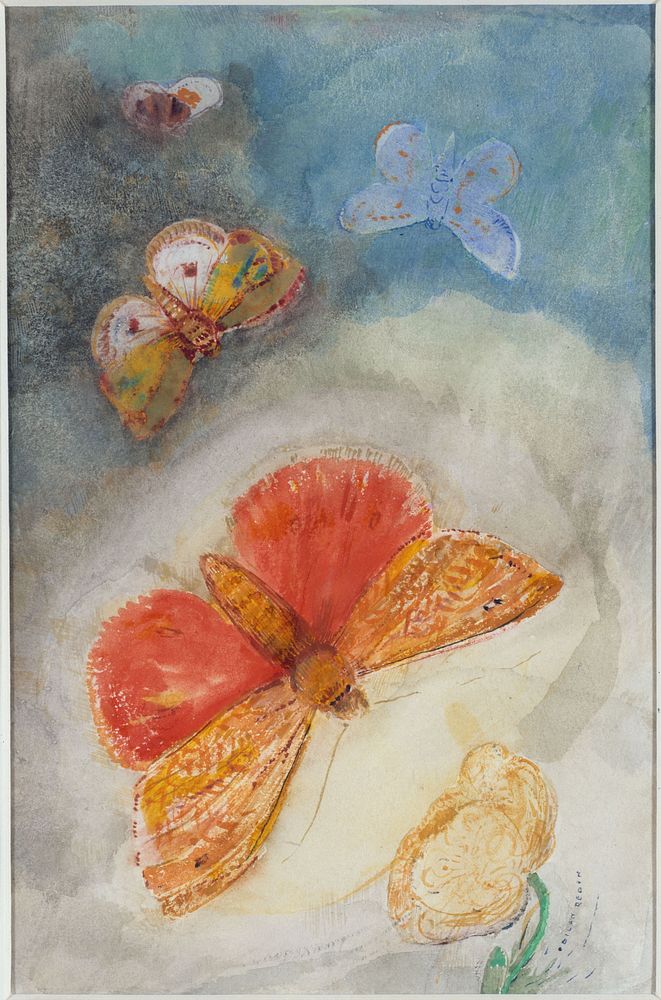 Odilon Redon (1840-1916). "Papillons et fleur (Quatre papillons et une fleur)". Aquarelle sur papier, 1910-1914. Musée des…