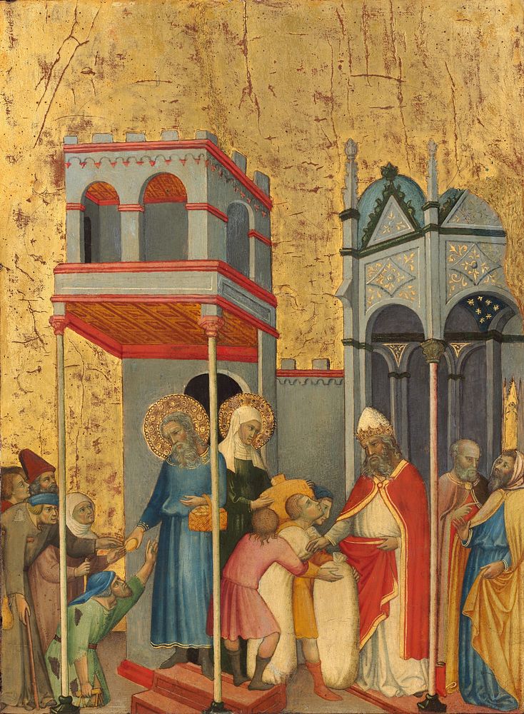 Joachim and Anna Giving Food to the Poor and Offerings to the Temple (ca. 1400&ndash;1405) by Andrea di Bartolo.  