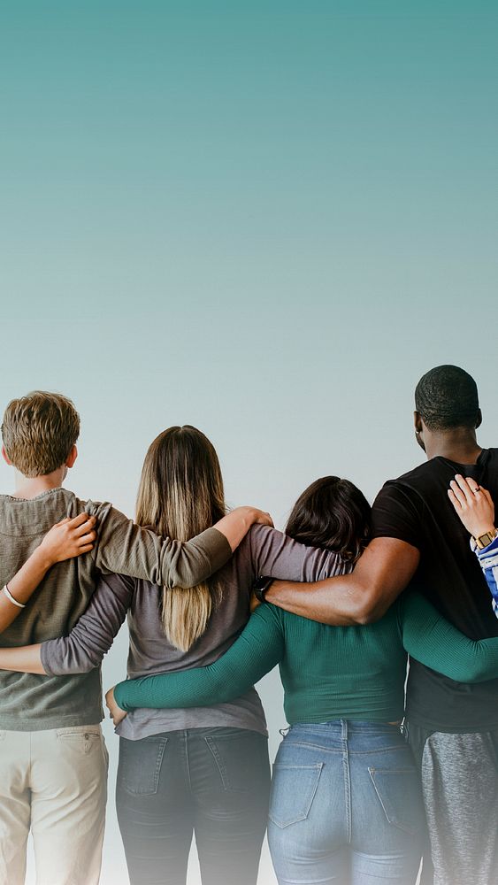 Diverse friendship phone wallpaper, people hugging from behind photo
