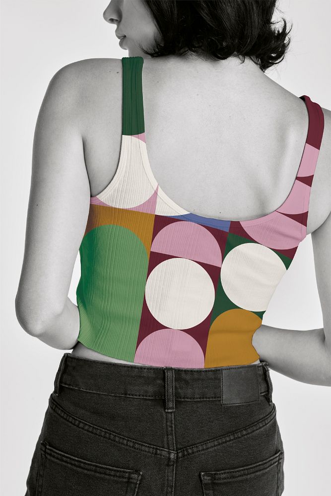 Woman rear view background, colorful geometric patterned tank top