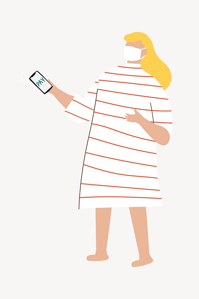 Online payment element, cute woman using phone design vector