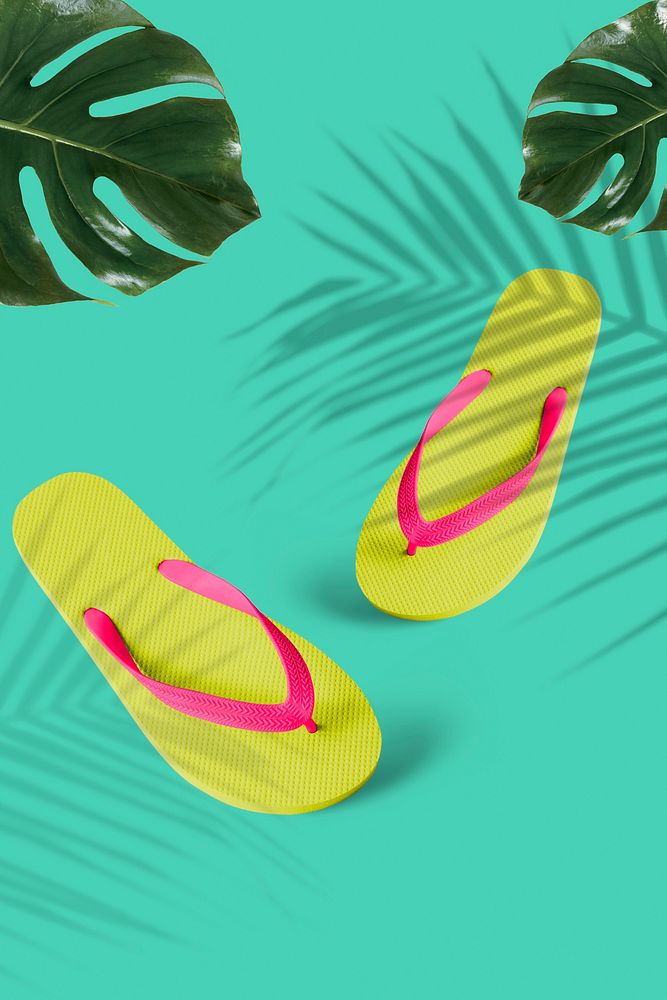 Summer flip flop green background, tropical design