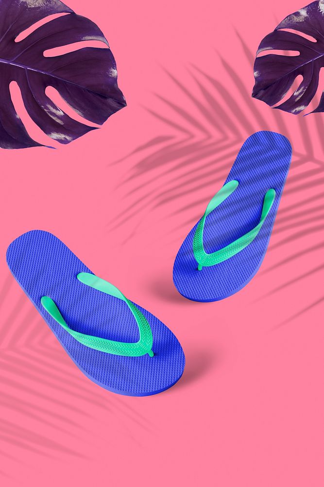 Blue flip flop on pink background, tropical summer
