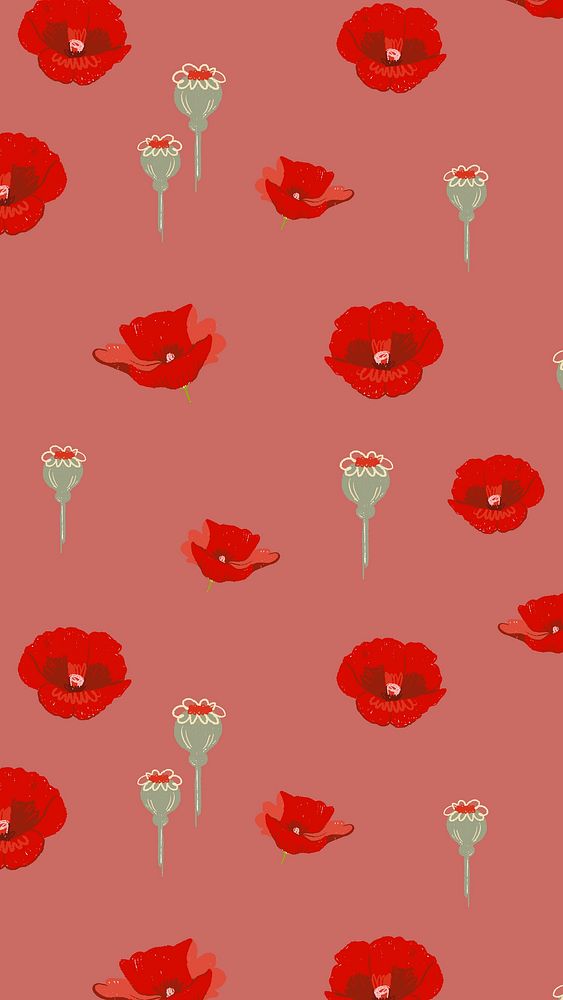 Red poppy mobile wallpaper, flower pattern illustration