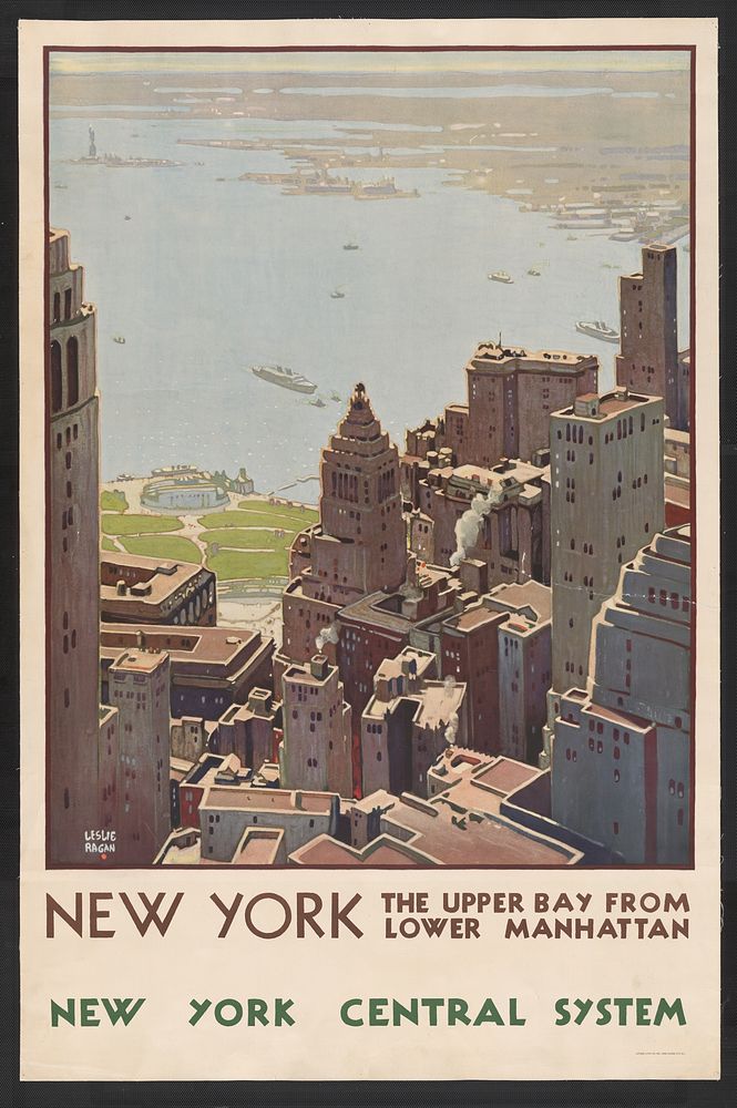 New York ; the upper bay from lower Manhattan. New York Central System / Leslie Ragan.