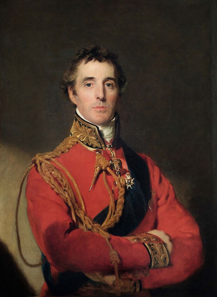 The Duke of Wellington is standing at half-length, wearing Field Marshal’s uniform, with the Garter star and sash, the badge…